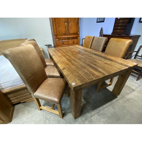 81 - Good quality plank top kitchen table 77H 200W 120D and 6 tan leather high back chairs