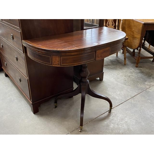 94 - Regency mahogany inlaid fold over breakfast table 77H 91W 45D