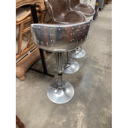 113 - 3 Timothy Oulton style 'Aviation' bar stools with chrome studded detail 104H 46W