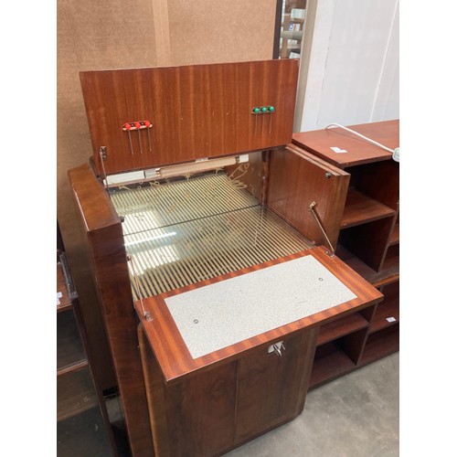 136 - Mahogany bureau with one key 95H 51W 42D, oak glazed bookcase 94H 91W 22D, 1950’s walnut cocktail ca... 