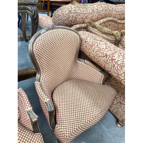 163 - Pair of good quality French gilt framed chairs 68W with scatter cushions and a matching stool and a ... 