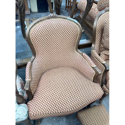 163 - Pair of good quality French gilt framed chairs 68W with scatter cushions and a matching stool and a ... 