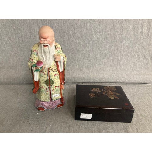 424 - Chinese figurine of Shouxing God of longevity & Chinese Lacquer Ware Box 20W 7H 15D