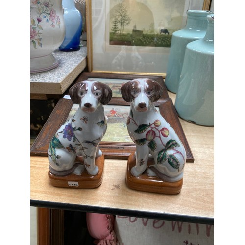 413 - Pair of crackle glaze vases, pair of Chinese pottery dogs, coloured etching 