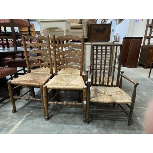 123 - 4 Yorkshire oak ladder back rush seated chairs 47W and 2 others