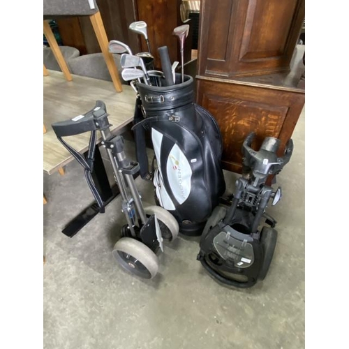 176 - Hippo golf trolley, Inesis golf trolley, golf bag and assorted clubs including Howson