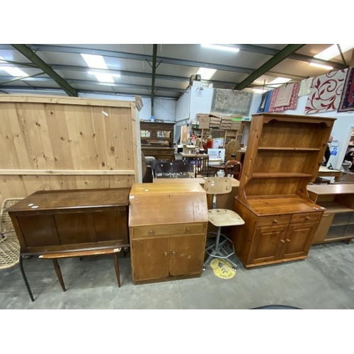 185 - Oak blanket box 46H 94W 41D, mid century A M Staverton teak bureau 102H 76W 42D, vintage Tan-Sad mac... 