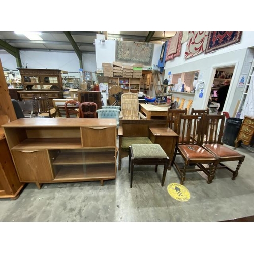 186 - Oak telephone table 78H 93W 43D, 4 oak dining chairs (as found), mid century teak Sutcliffe of Todmo... 