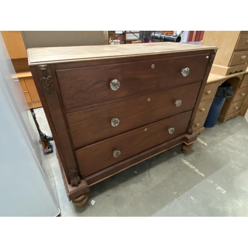 25 - Victorian mahogany 3 drawer chest with glass handles 107H 129W 55D