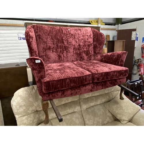 36 - Plum coloured velour 2 seater wing arm settee 120W