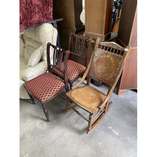 38 - Pair of mahogany side chairs 48W and an Edwardian Bentwood rocking chair 46W