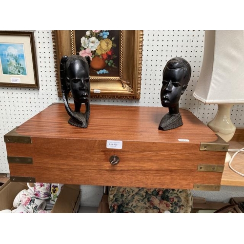 2 African carved tribal heads and wood and brass box (13H, 56W, 36D)