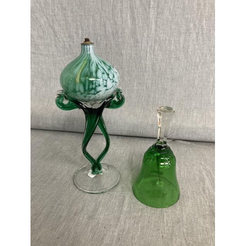 465 - Art Nouveau style green glass oil burner and a glass hand bell