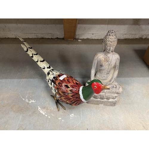 493 - Metal garden Pheasant 30cm H & resin Buddha