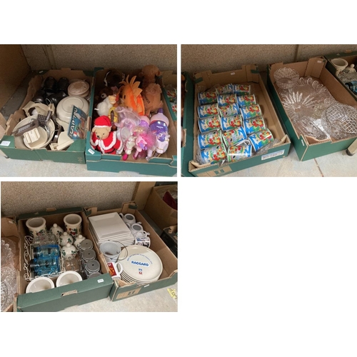 506 - 6 boxes of glassware, kitchen wares, toys etc.