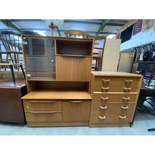 53 - G Plan ‘Brandon’ oak 5 drawer chest 97H 76W 46D and a mid century teak display cabinet 149H 105W 43D