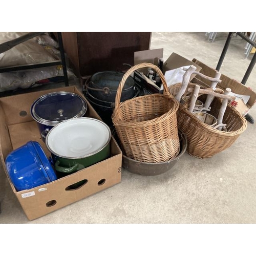 533 - 2 wicker baskets, enamel cauldrons and large lidded saucepans, cast blue lidded casserole, bottles o... 