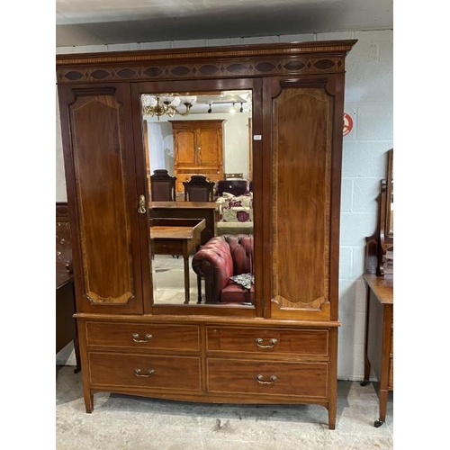 62 - Victorian mahogany inlaid triple wardrobe by Pratt’s of Bradford 213H 164W 59D