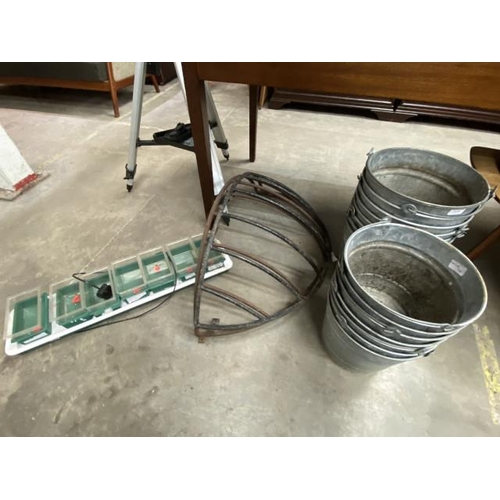 98 - 16 galvanised buckets, 2 hay racks etc