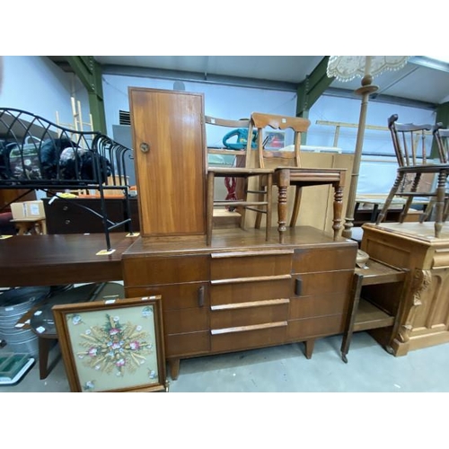 99 - Denby & Spinks Ltd oak sideboard 87H 138W 50D, frameless 1950's mirror 50cm diameter, satinwood stan... 