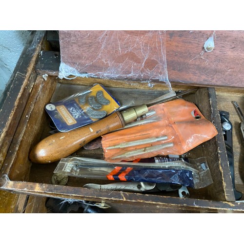 4 - Victorian pine tool box with assorted tools 58H 88W 48D