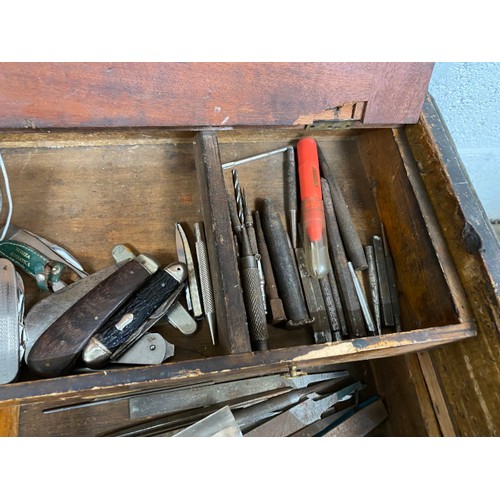 4 - Victorian pine tool box with assorted tools 58H 88W 48D