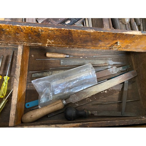 4 - Victorian pine tool box with assorted tools 58H 88W 48D