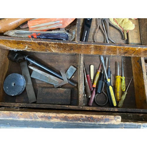 4 - Victorian pine tool box with assorted tools 58H 88W 48D