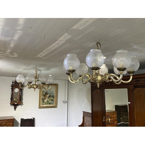 143 - 2 solid brass 8 branch light fittings with glass shades, brass Corinthian columned table lamp, orien... 