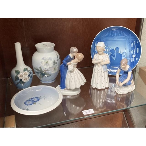 396 - 3 Bing Grondahl (B&G) Copenhagen figurines, Royal Copenhagen bowl, posy vase, vase etc. (One vase ch... 