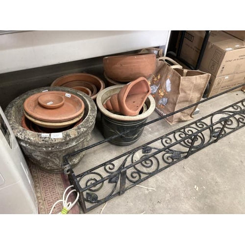 485 - Assorted stone, ceramic and terracotta planters of various sizes, bag of terracotta plant pots and a... 