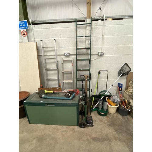 107 - Assorted garden and workshop tools, step ladders, trolley, work bench etc