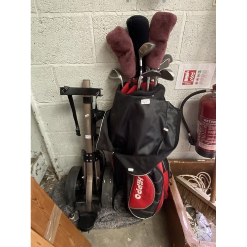 11 - Hippo golf bag and assorted clubs including Mitsushiba and a Slazenger folding golf trolley