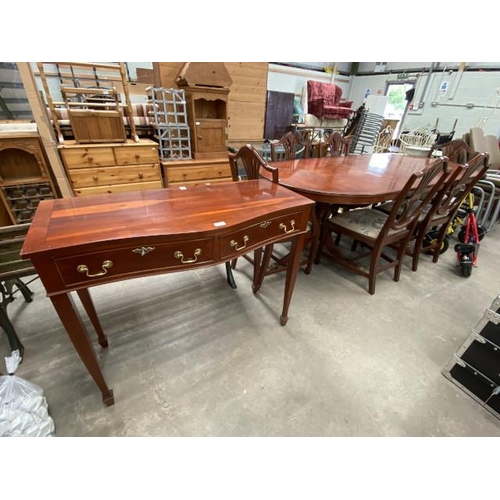 124 - CR Ltd mahogany twin pedestal extending table 77H 215W 100D and 6 wheatsheaf chairs including 2 carv... 