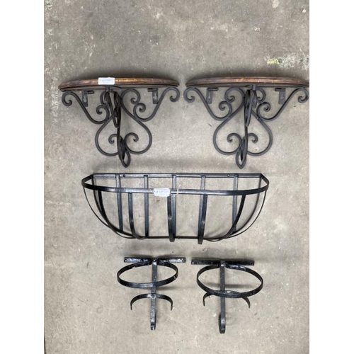 127 - Metal flower trough and 2 brackets and a pair of wood/metal wall brackets