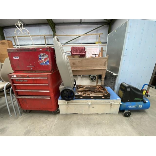 130 - 2 Snap-On tool boxes (no tools included, both as found) and Draper 24L compressor, Wastemaster, box ... 