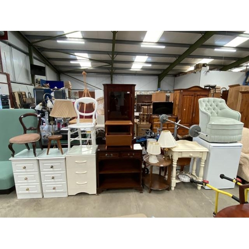 134 - 2 white bedside chests 70H 40W 39D, mahogany bookcase 77H 76W 28D, child's mahogany chair, assorted ... 