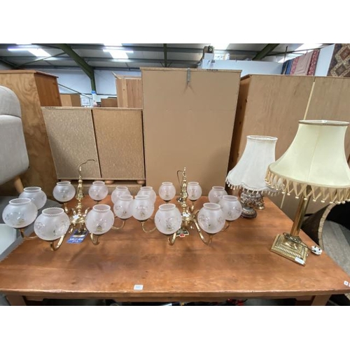 143 - 2 solid brass 8 branch light fittings with glass shades, brass Corinthian columned table lamp, orien... 