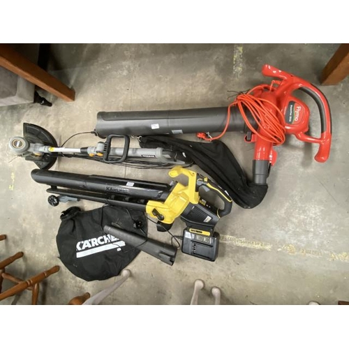 144 - Flymo PowerVac 3000, Karcher battery powered leaf blower with battery charger, Titan TTB820GGT corde... 