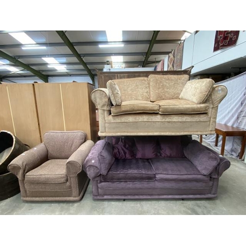 146 - Gold velvet settee 170W, mulberry velvet settee 183W and a contrasting armchair 105W