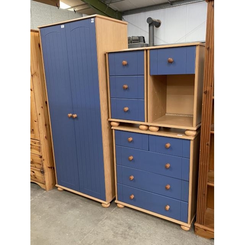 154 - 4 piece modern blue/pine bedroom suite (2 door wardrobe 180H 75W 50D, 2 over 3 chest 85H 76W 40D, 3 ... 