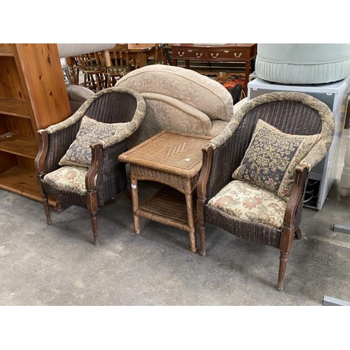 156 - 2 wicker chairs 60W and a matching occasional table 57H 52W 52D