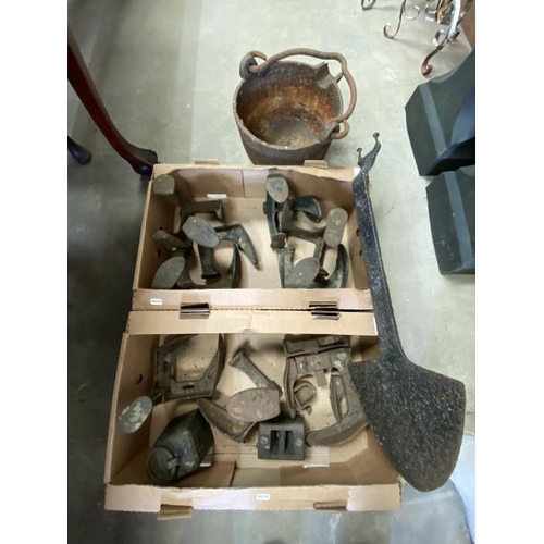 16 - Assorted shoe lasts, cauldron, weights etc