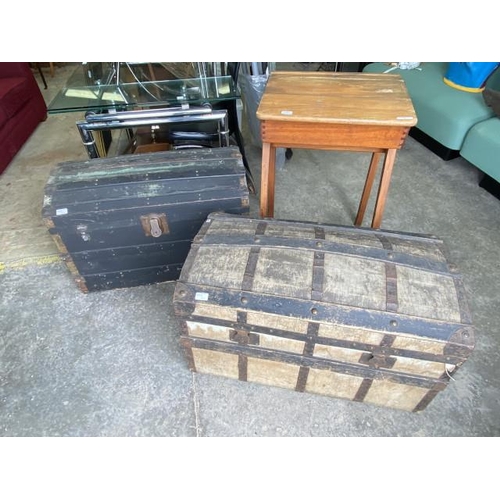 165 - Vintage school desk 82H 56W 47D & 2 vintage dome top trunks 52H 87W 47D & 55H 82W 47D