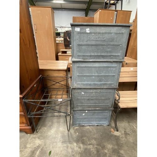 169 - 4 galvanised Schafer Kasten storage bins 31H 51W 37D and a bin holder