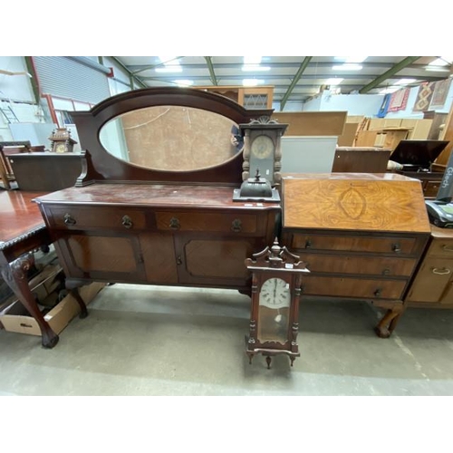 17 - 20th century mahogany mirror back sideboard 150H 136W 46D, burr walnut bureau 100H 75W 40D, mahogany... 