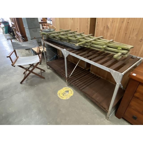 172 - Greenhouse staging 77H 182W 53D, trellis, seed trays and a directors chair