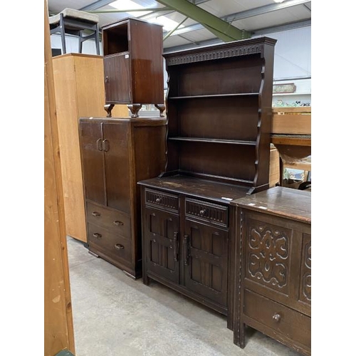 202 - 1930’s oak tallboy 127H 75W 47D, oak dresser 174H 92W 41D, mahogany pot cupboard 71H 38W 34D