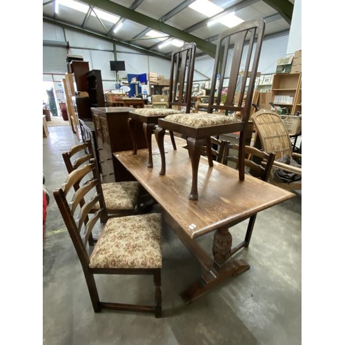 205 - Good quality oak refectory table with pineapple base 74H 152W 80D with 4 ladder back chairs and 2 ot... 