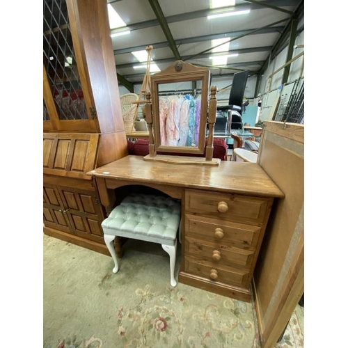 213 - Pine dressing table 76H 102W 45D, pine dressing table mirror and a white stool